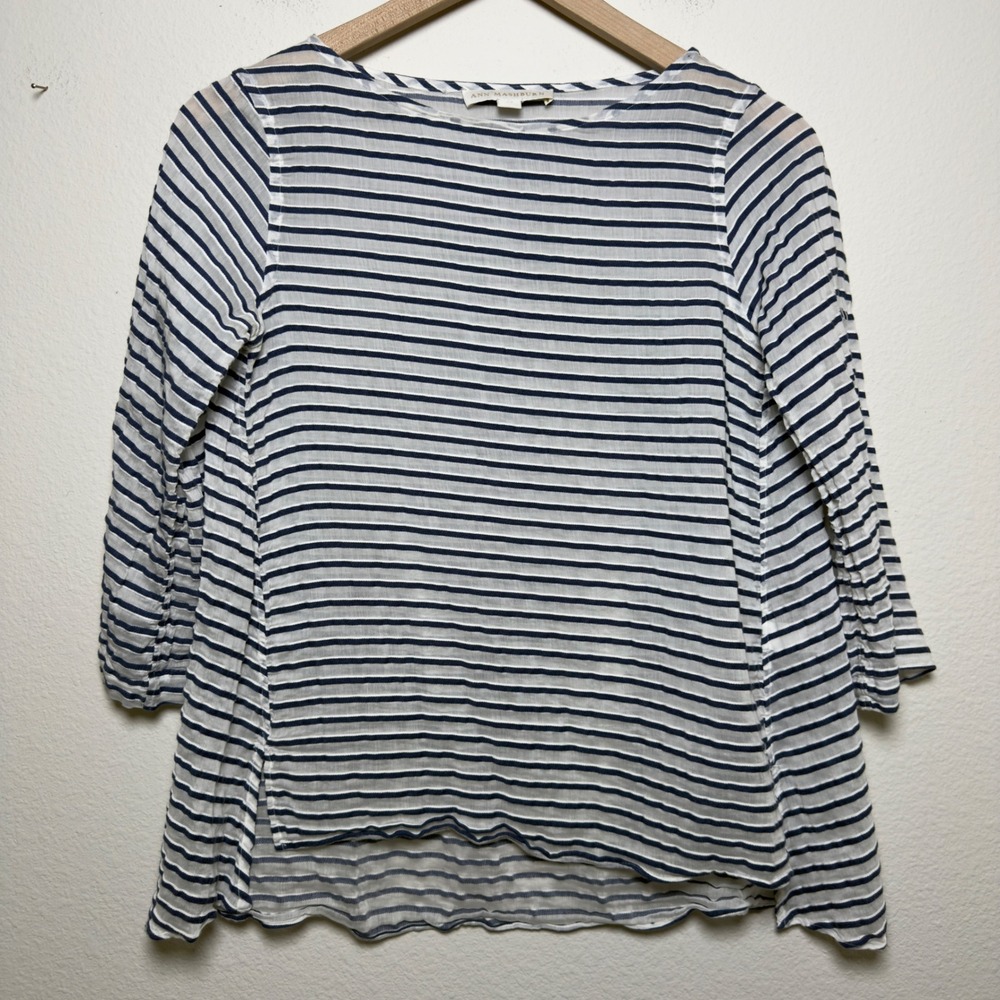 Ann Mashburn Women Cotton‎ Silk Top XS Blue White Striped 3/4 Sleeve Nautical